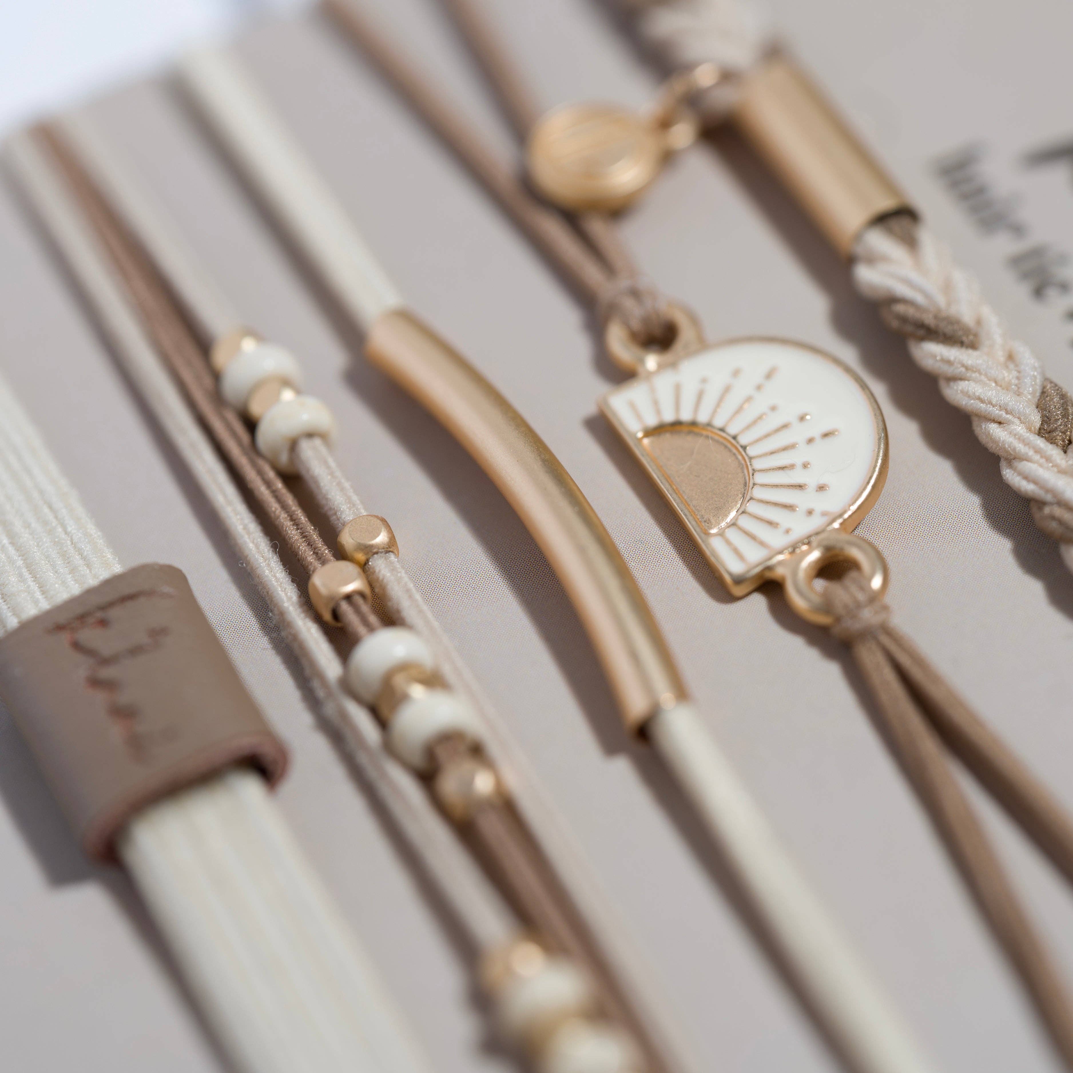 "Rise" Cream and Tan With Gold and Sun Accents Hair Tie Bracelets